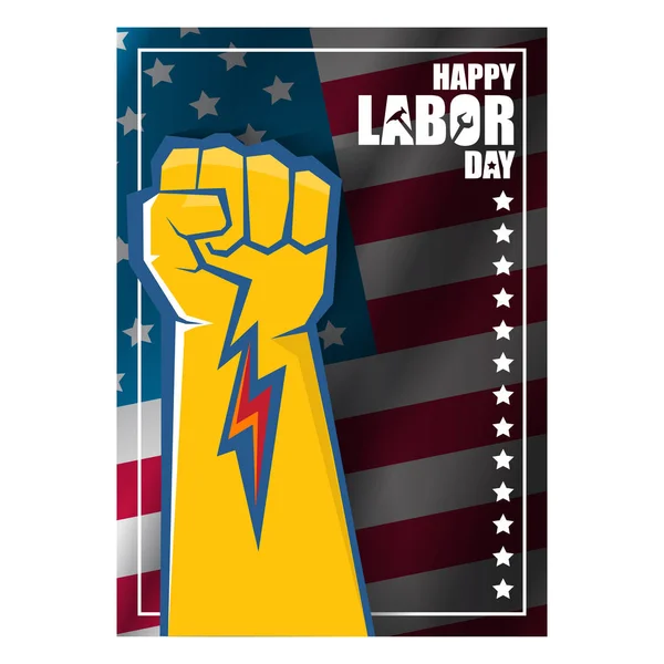Día del trabajo EE.UU. cartel vertical, fondo o volante con puño fuerte apretado aislado en EE.UU. diseño de la bandera y texto de saludo. Ilustración del concepto sindical — Vector de stock