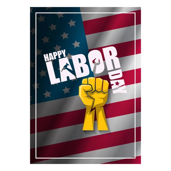 Labor day Usa vertical poster, background or flyer with strong clenched fist isolated on usa flag layout and greeting text . Labor union concept illustration — Stock Vector