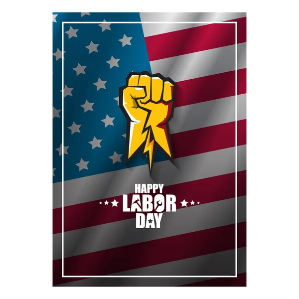 Labor day Usa vertical poster, background or flyer with strong clenched fist isolated on usa flag layout and greeting text . Labor union concept illustration — Stock Vector