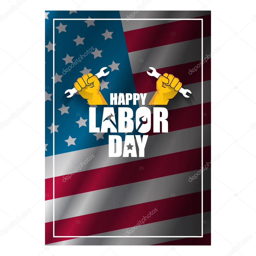 labor day Usa vertical poster, background or flyer with strong clenched fist isolated on usa flag layout and greeting text . Labor union concept illustration