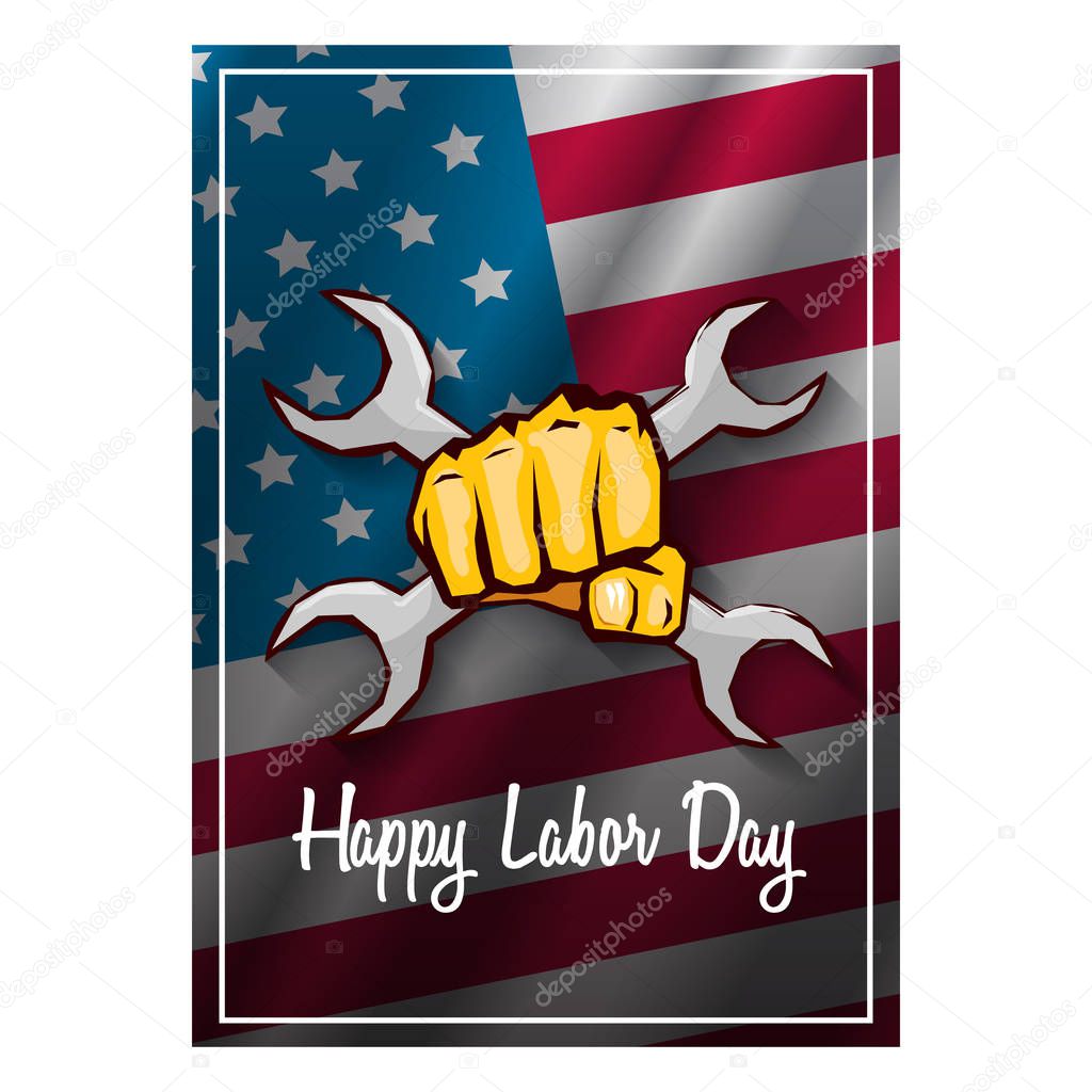 labor day Usa vertical poster, background or flyer with strong clenched fist isolated on usa flag layout and greeting text . Labor union concept illustration