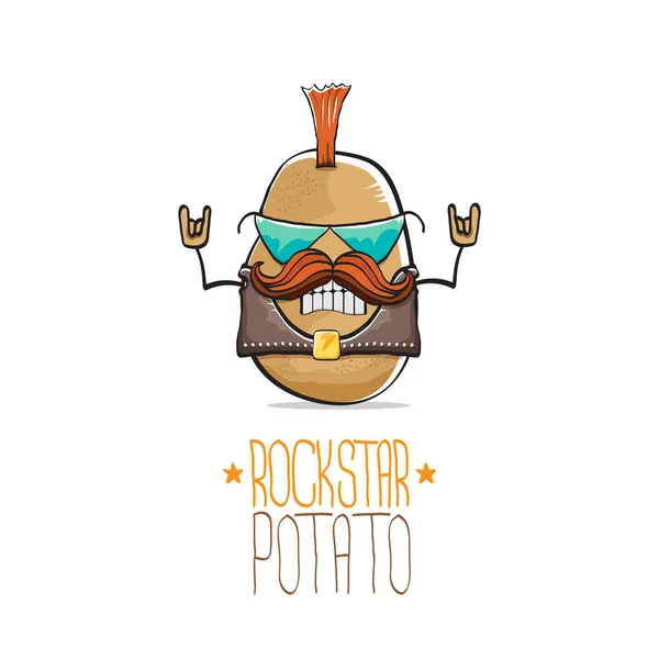 Vector grappige cartoon cute Brown punk rock ster aardappel karakter met Iroquois geïsoleerd op witte achtergrond. Mijn naam is Potato vector concept. Rock n rock hipster plantaardig funky karakter — Stockvector