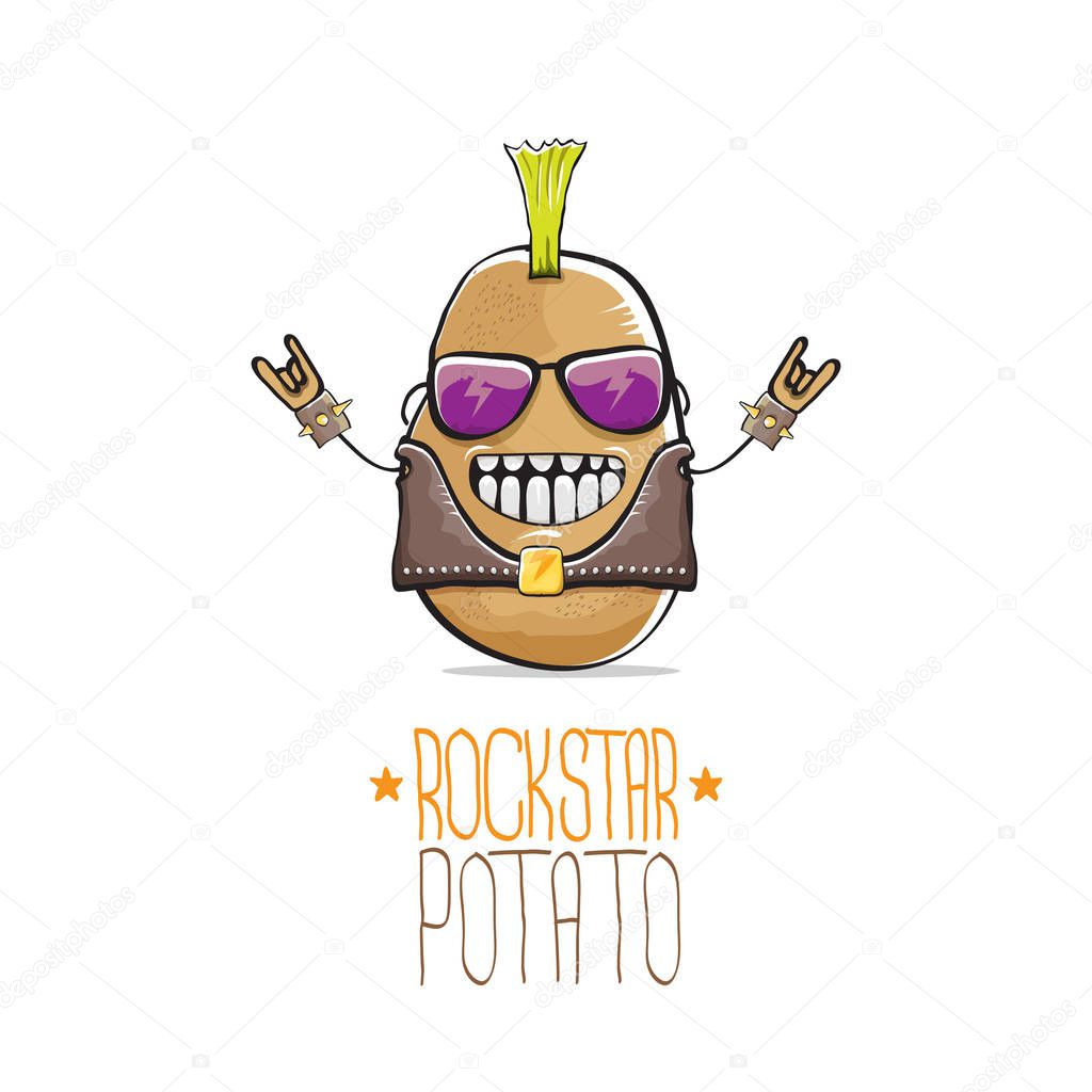 Vector funny cartoon cute brown punk rock star potato character isolated on white background. My name is potato vector concept. rock n rock hipster vegetable funky character