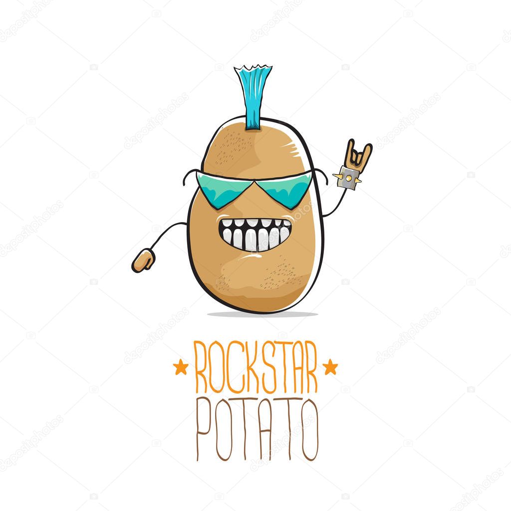 Vector funny cartoon cute brown punk rock star potato character isolated on white background. My name is potato vector concept. rock n rock hipster vegetable funky character