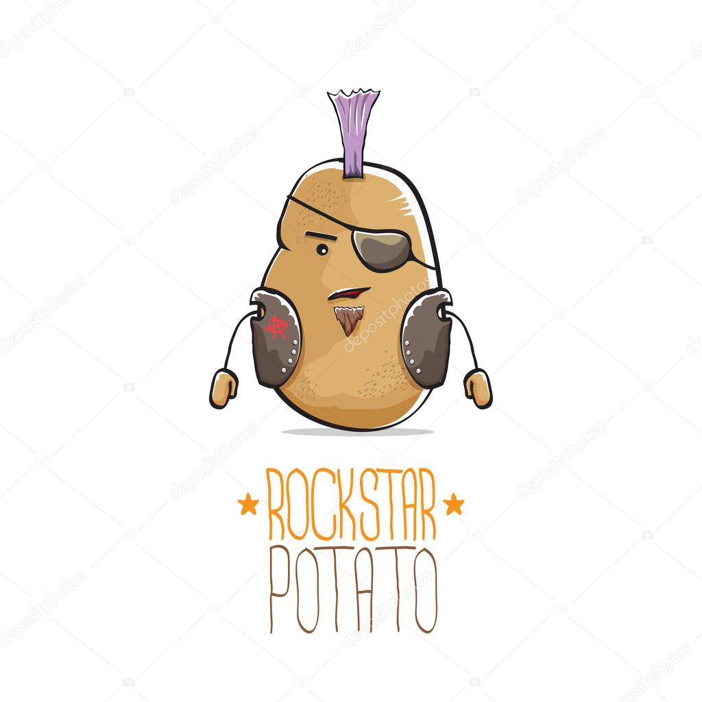 Vector funny cartoon cute brown punk rock star potato character isolated on white background. My name is potato vector concept. rock n rock hipster vegetable funky character