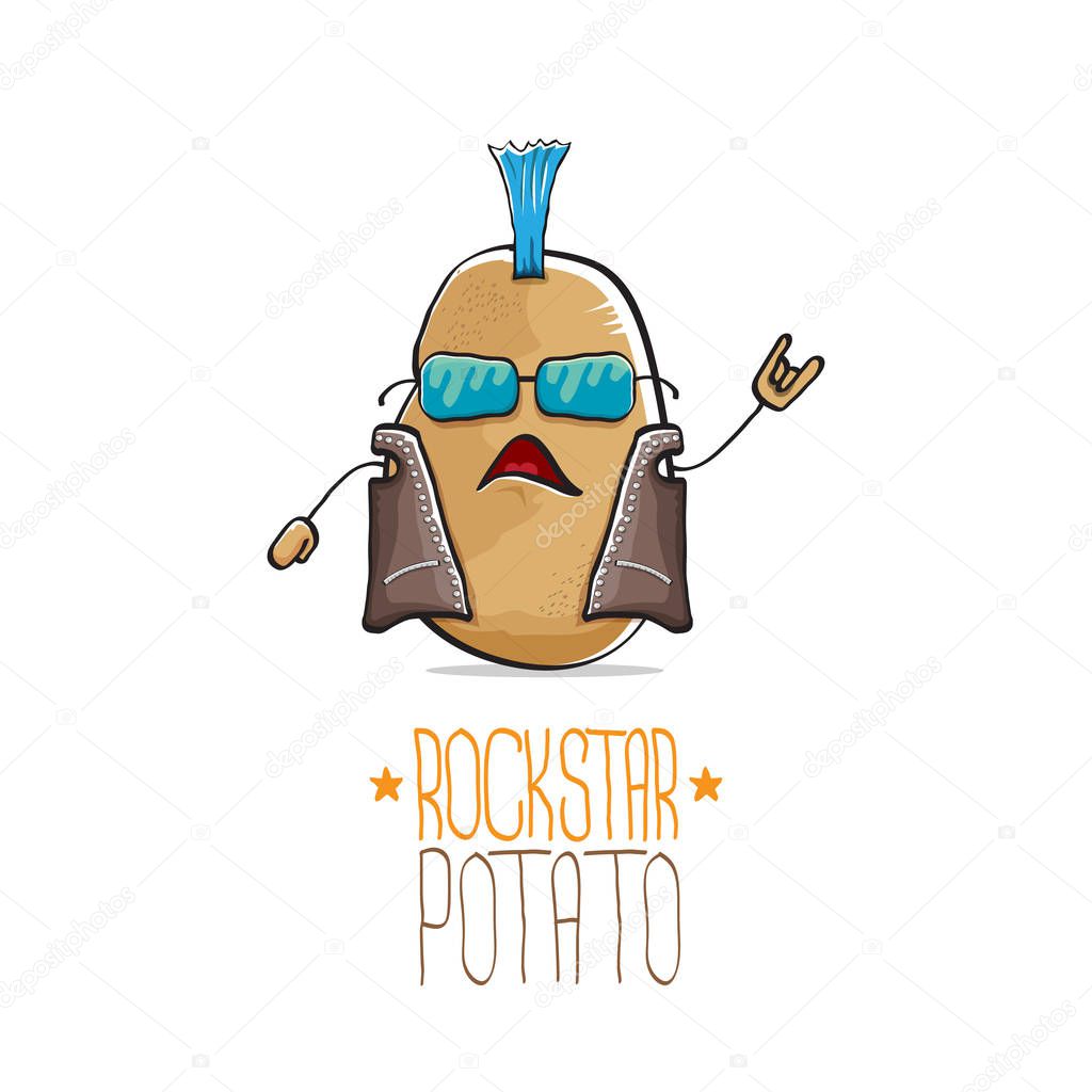 Vector funny cartoon cute brown punk rock star potato character isolated on white background. My name is potato vector concept. rock n rock hipster vegetable funky character