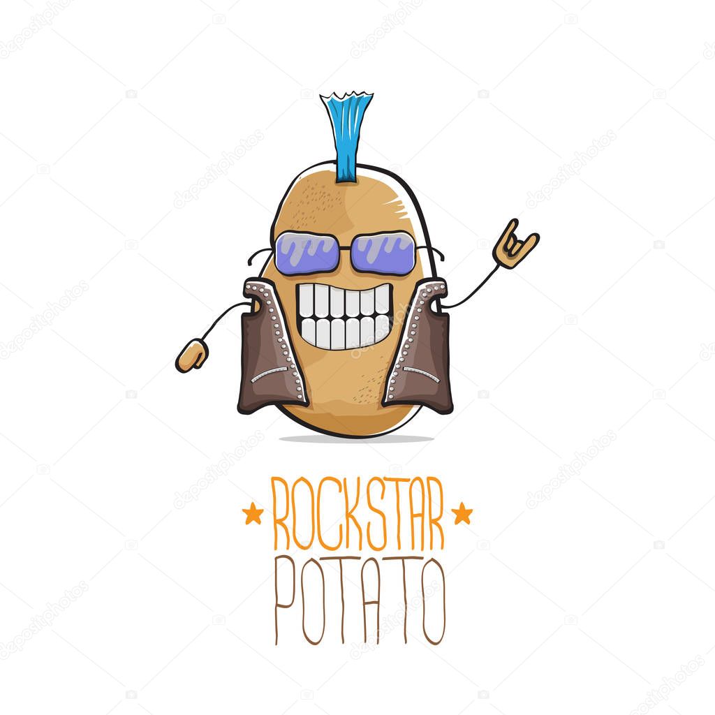 Vector funny cartoon cute brown punk rock star potato character isolated on white background. My name is potato vector concept. rock n rock hipster vegetable funky character