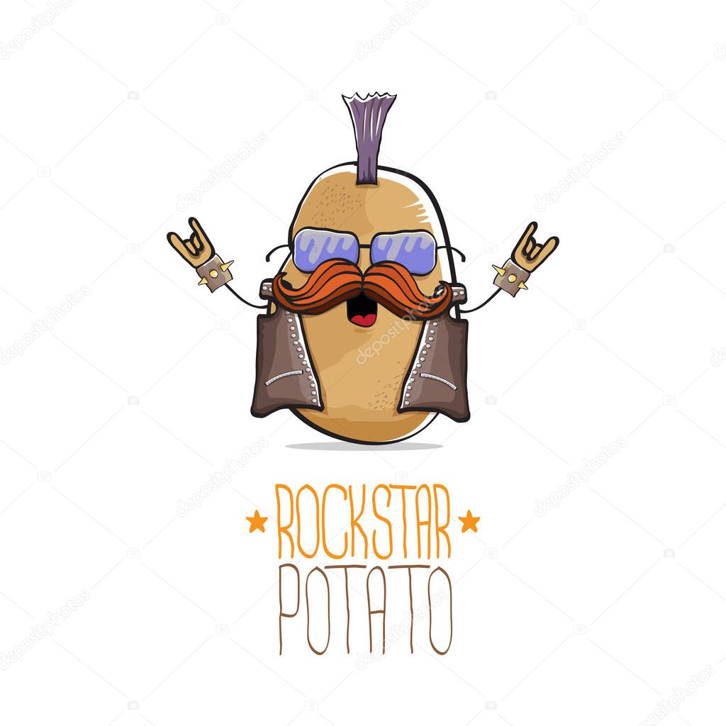 vector funny cartoon cute brown punk rock star potato character with Iroquois isolated on white background. My name is potato vector concept. rock n rock hipster vegetable funky character