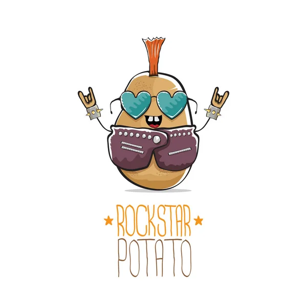 Vector grappige cartoon cute Brown punk rock ster aardappel karakter met Iroquois geïsoleerd op witte achtergrond. Mijn naam is Potato vector concept. Rock n rock hipster plantaardig funky karakter — Stockvector