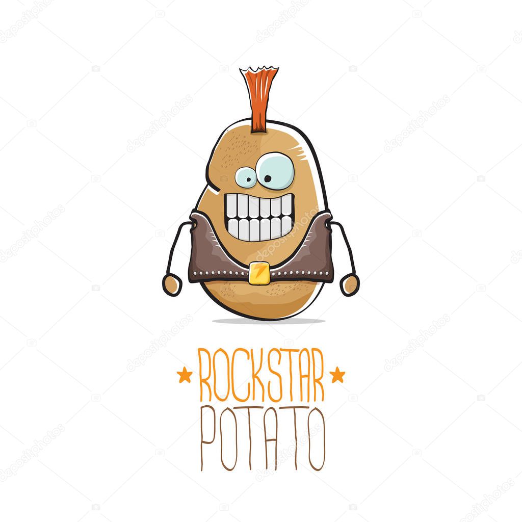 Vector funny cartoon cute brown punk rock star potato character isolated on white background. My name is potato vector concept. rock n rock hipster vegetable funky character