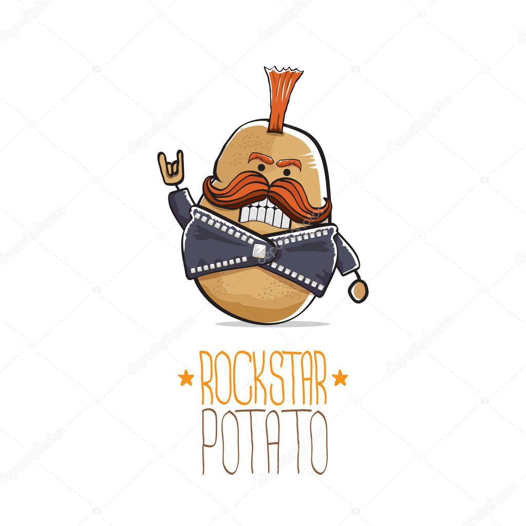 Vector funny cartoon cute brown punk rock star potato character isolated on white background. My name is potato vector concept. rock n rock hipster vegetable funky character