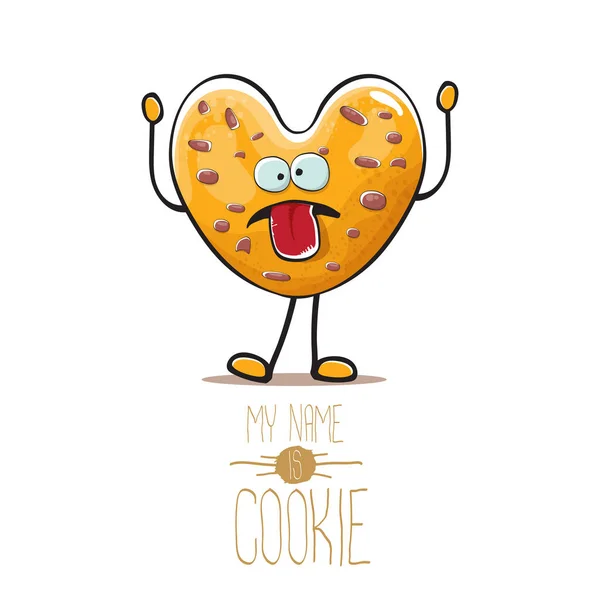 Vector grappige hand getrokken zelfgemaakte chocolade chip hart vorm cookie karakter geïsoleerd op witte achtergrond. Mijn naam is cookie concept illustratie. funky voedsel karakter of bakkerij label mascotte — Stockvector