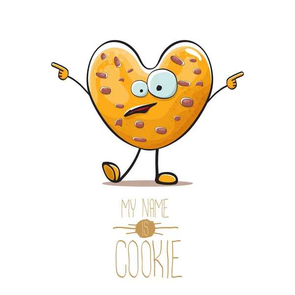 Vecteur drôle dessiné à la main chocolat puce coeur forme cookie caractère isolé sur fond blanc. Je m'appelle Cookie Concept Illustration. caractère alimentaire funky ou mascotte d'étiquette de boulangerie — Image vectorielle