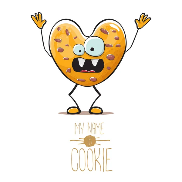 Vector funny hand drawn homemade chocolate chip heart shape cookie character isolated on white background. My name is cookie concept illustration. funky food character or bakery label mascot — Stock Vector