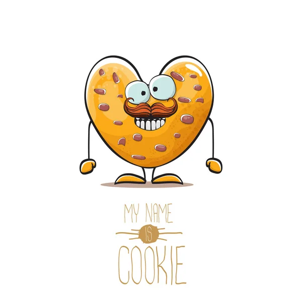 Vetor engraçado mão desenhado caseiro chocolate chip coração forma cookie personagem isolado no fundo branco. Meu nome é ilustração de conceito de biscoito. caráter de comida funky ou mascote de etiqueta de padaria — Vetor de Stock