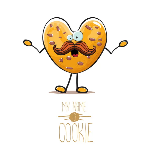 Vector grappige hand getrokken zelfgemaakte chocolade chip hart vorm cookie karakter geïsoleerd op witte achtergrond. Mijn naam is cookie concept illustratie. funky voedsel karakter of bakkerij label mascotte — Stockvector