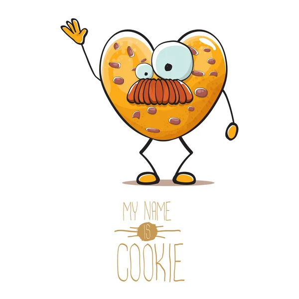 Vetor engraçado mão desenhado caseiro chocolate chip coração forma cookie personagem isolado no fundo branco. Meu nome é ilustração de conceito de biscoito. caráter de comida funky ou mascote de etiqueta de padaria — Vetor de Stock