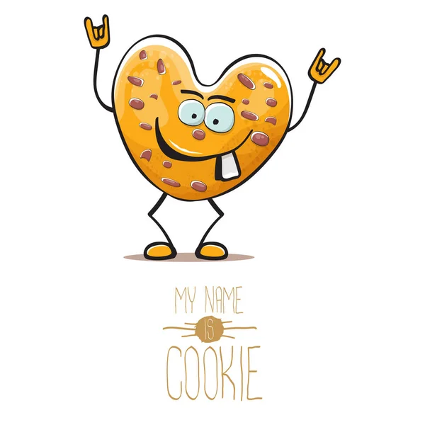 Vector grappige hand getrokken zelfgemaakte chocolade chip hart vorm cookie karakter geïsoleerd op witte achtergrond. Mijn naam is cookie concept illustratie. funky voedsel karakter of bakkerij label mascotte — Stockvector