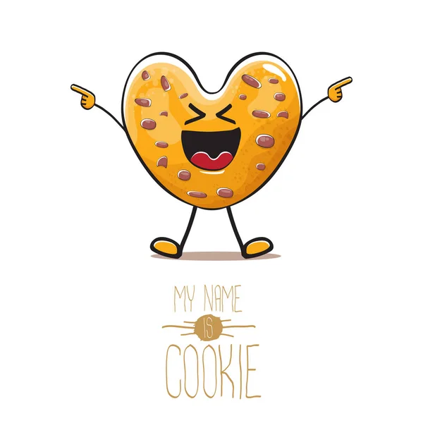 Vector grappige hand getrokken zelfgemaakte chocolade chip hart vorm cookie karakter geïsoleerd op witte achtergrond. Mijn naam is cookie concept illustratie. funky voedsel karakter of bakkerij label mascotte — Stockvector