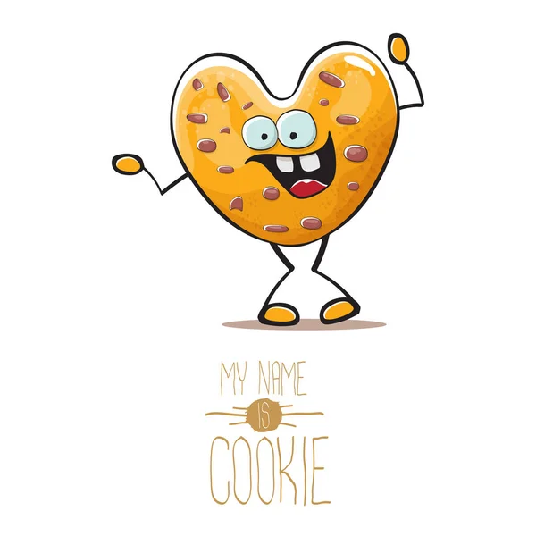 Vecteur drôle dessiné à la main chocolat puce coeur forme cookie caractère isolé sur fond blanc. Je m'appelle Cookie Concept Illustration. caractère alimentaire funky ou mascotte d'étiquette de boulangerie — Image vectorielle