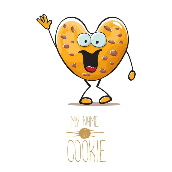 Vector funny hand drawn homemade chocolate chip heart shape cookie character isolated on white background. My name is cookie concept illustration. funky food character or bakery label mascot — Stock Vector