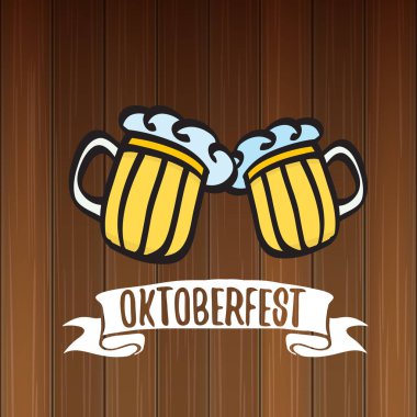 bira bardağı veya ahşap arka plan üzerinde izole bira kupa ile vektör oktoberfest vektör etiketi. octoberfest vektör grafik afiş veya afiş tasarım şablonu