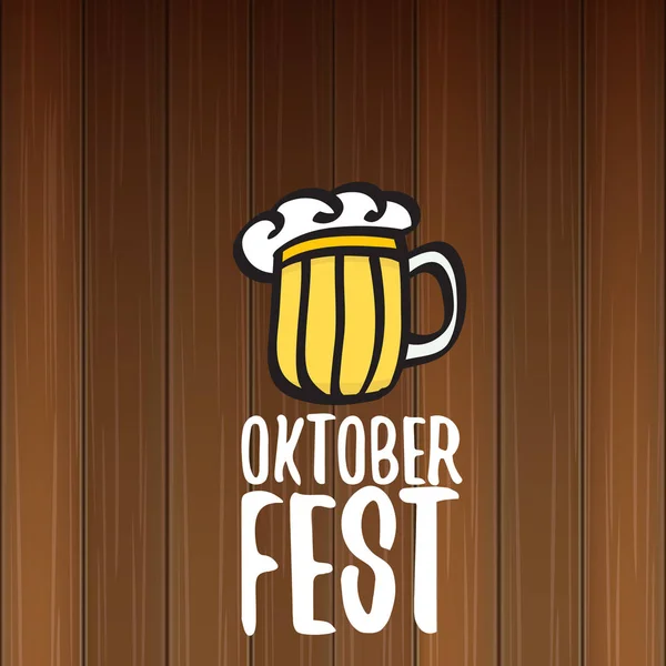 Vector oktoberfest vector label with beer glass or beer mug isolated on wooden background. octoberfest vector graphic poster or banner design template — Stock Vector