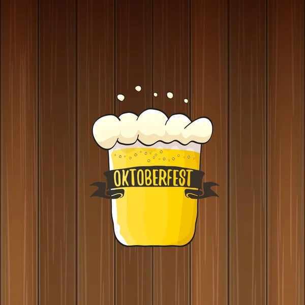 Vector oktoberfest vector label with beer glass or beer mug isolated on wooden background. octoberfest vector graphic poster or banner design template — Stock Vector