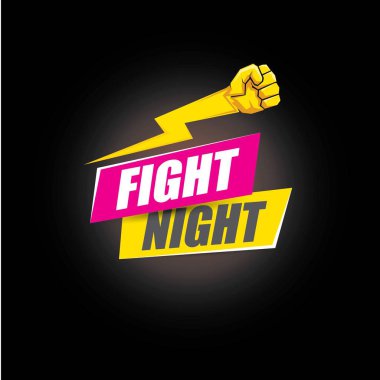 Metni ve güçlü yumruğu olan modern gece vektörü posteri. Güreş ya da dövüş kulübü amblemi tasarım şablonu. dövüş etiketi siyah arkaplanda izole edildi