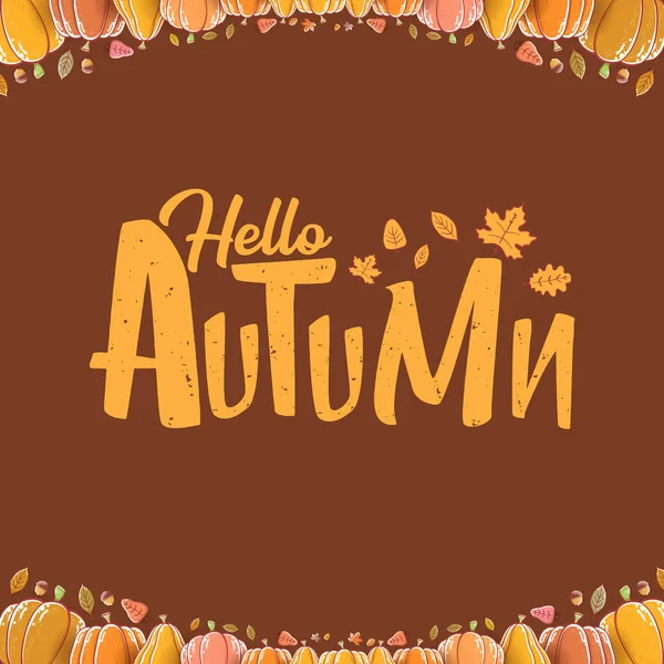 Transparent Hello podzimní nápis nebo štítek s textem a padajícími podzimním listím na hnědém pozadí. Nápis-kreslený pozdrav nebo plakát — Stockový vektor