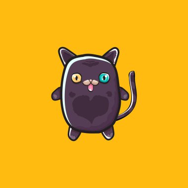 turuncu arka planda izole sevimli siyah halloween kedi. Büyük gözlü karikatür mutlu siyah cadı kedi yavrusu