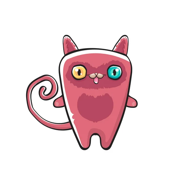 Rosa simpatico personaggio gattino isolato su sfondo bianco. Cartone animato felice gatto rosa personaggio con grandi occhi — Vettoriale Stock