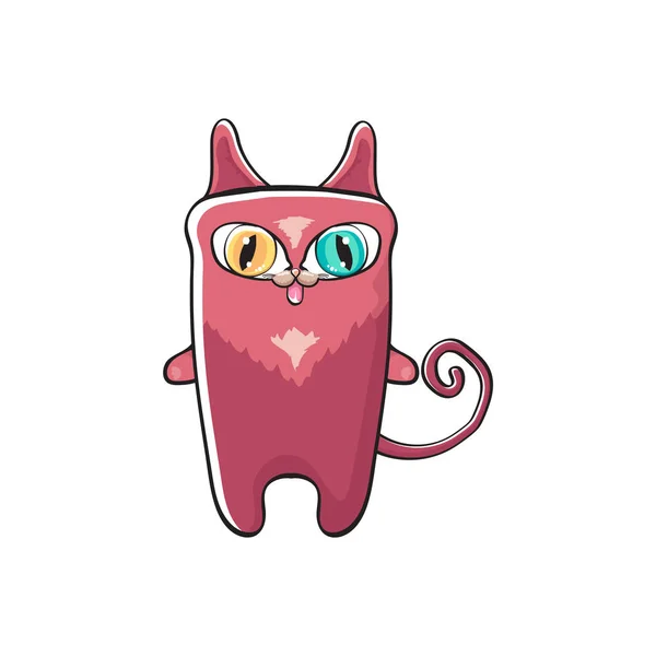 Rosa simpatico personaggio gattino isolato su sfondo bianco. Cartone animato felice gatto rosa personaggio con grandi occhi — Vettoriale Stock