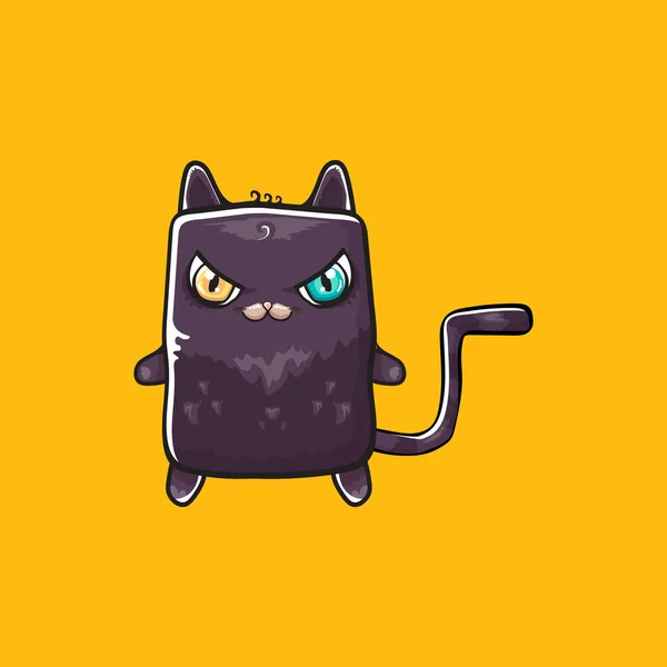 Bonito preto halloween gato isolado no fundo laranja. Desenhos animados feliz preto bruxa gatinho com grandes olhos — Vetor de Stock