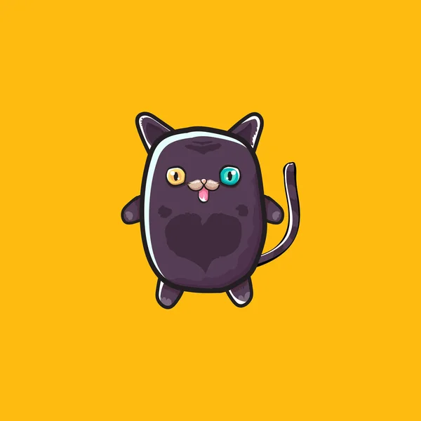 Lindo gato de halloween negro aislado sobre fondo naranja. Dibujos animados feliz negro bruja gatito con Grande ojos — Vector de stock