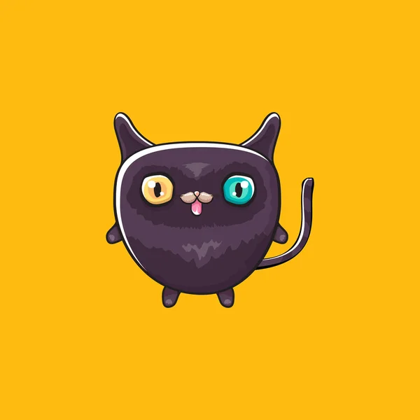 Lindo gato de halloween negro aislado sobre fondo naranja. Dibujos animados feliz negro bruja gatito con Grande ojos — Vector de stock