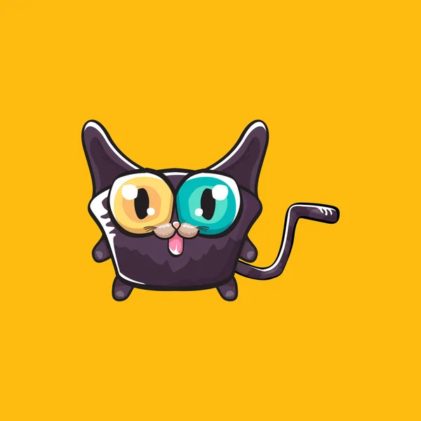 Lindo gato de halloween negro aislado sobre fondo naranja. Dibujos animados feliz negro bruja gatito con Grande ojos — Vector de stock