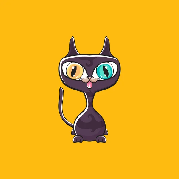 Mignon chat noir halloween isolé sur fond orange. Dessin animé heureux chaton sorcière noire avec de gros yeux — Image vectorielle