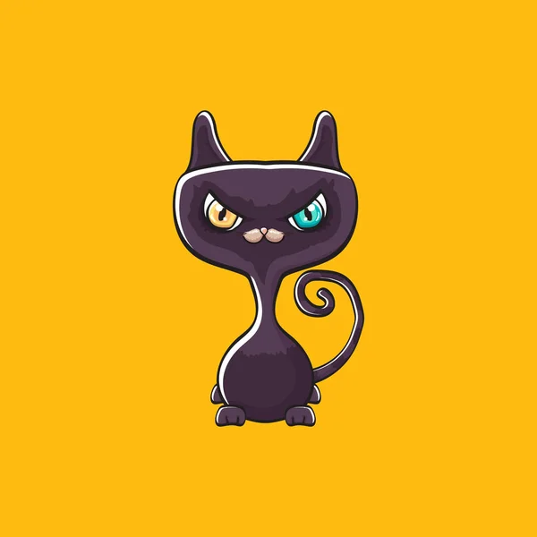 Bonito preto halloween gato isolado no fundo laranja. Desenhos animados feliz preto bruxa gatinho com grandes olhos — Vetor de Stock