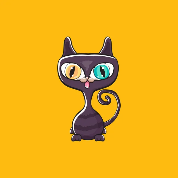 Lindo gato de halloween negro aislado sobre fondo naranja. Dibujos animados feliz negro bruja gatito con Grande ojos — Vector de stock