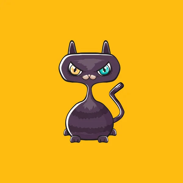 Lindo gato de halloween negro aislado sobre fondo naranja. Dibujos animados feliz negro bruja gatito con Grande ojos — Vector de stock