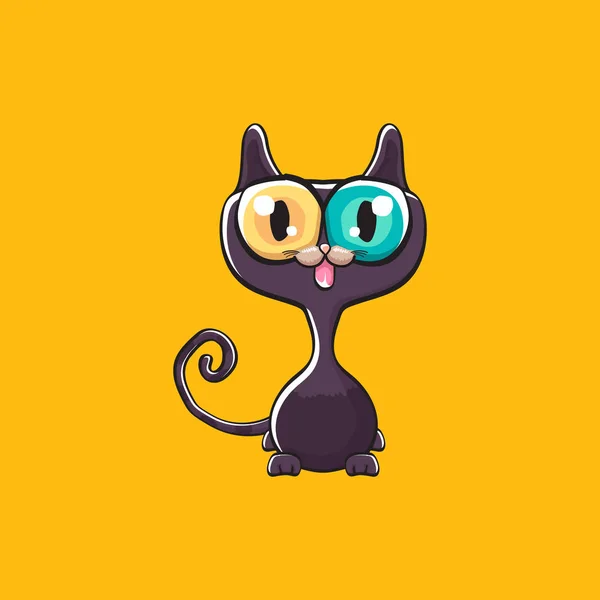 Lindo gato de halloween negro aislado sobre fondo naranja. Dibujos animados feliz negro bruja gatito con Grande ojos — Vector de stock