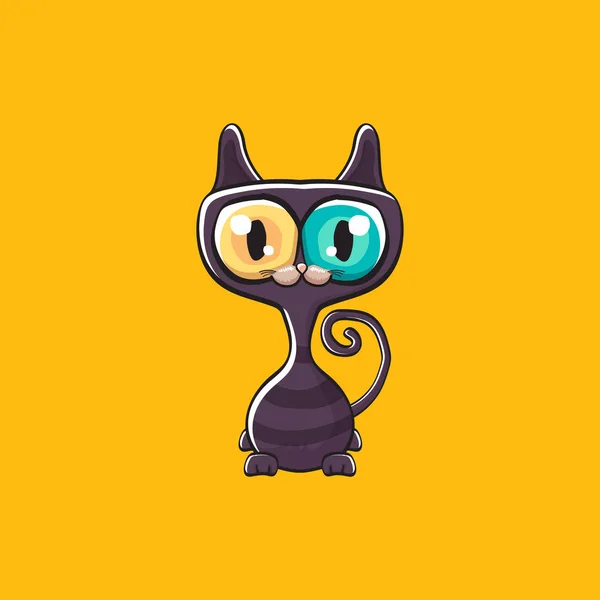 Lindo gato de halloween negro aislado sobre fondo naranja. Dibujos animados feliz negro bruja gatito con Grande ojos — Vector de stock