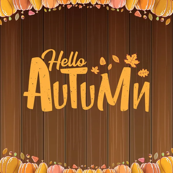 Vector hello autumn banner or label with text and falling autumn leaves on wooden background. Cartoon hello autumn poster or banner — Stock Vector