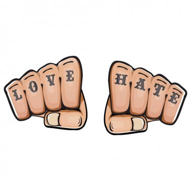 beyaz arka plan üzerinde izole dövme ile aşk ve nefret yumruklar. Yumruk yumruk ile aşk kavramı illüstrasyon için mücadele