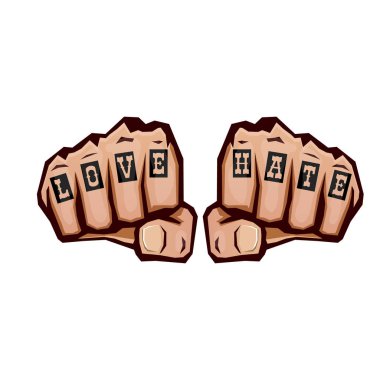 beyaz arka plan üzerinde izole dövme ile aşk ve nefret yumruklar. Yumruk yumruk ile aşk kavramı illüstrasyon için mücadele