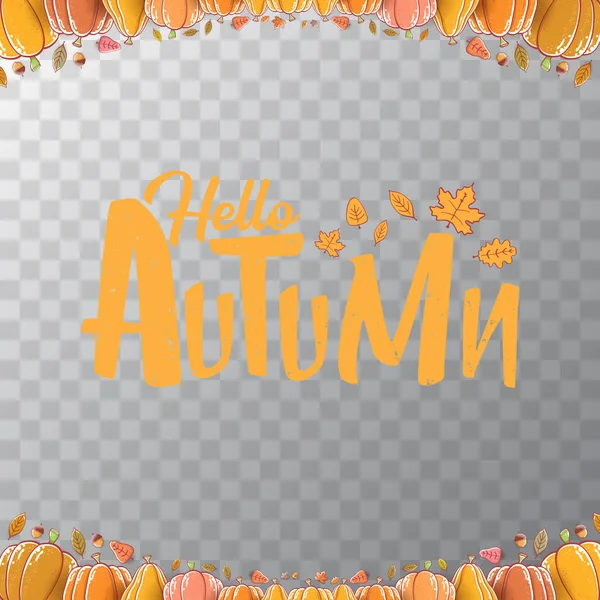 Vector hello autumn banner or label with text and falling autumn leaves isolated on transparent background. Cartoon hello autumn poster or banner — Stock Vector