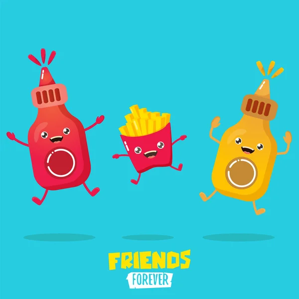 Divertente cartone animato carino sorridente bottiglia di ketchup, bottiglia di senape e patata patatine fritte personaggi set. cibo piatto carattere funky. Migliori amici o concetto di amicizia — Vettoriale Stock