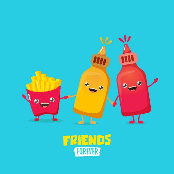 Grappige cartoon schattig glimlachend ketchup fles, mosterd fles en aardappel frietjes tekens instellen. eten plat funky karakter. Beste vrienden of friendsip-concept — Stockvector