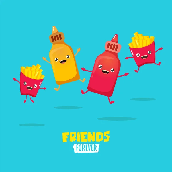 Divertida caricatura linda botella de ketchup sonriente, botella de mostaza y papas fritas personajes conjunto. comida plana carácter funky. Mejores amigos o concepto friendsip — Archivo Imágenes Vectoriales